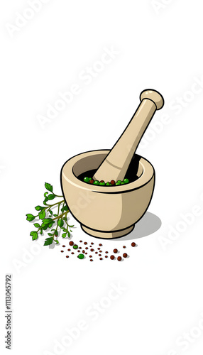 Mortar and pestle with herbs isolated with white highlights, png photo