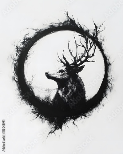 A stunning black-and-white illustration of a majestic stag surrounded by an artistic circular frame, evoking strength and nature's beauty. photo