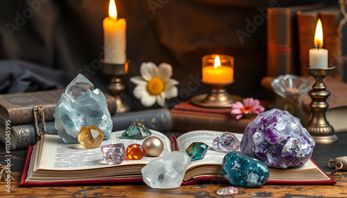 Gemstones crystal minerals on mysterious backgroundwith old books, forast flowers and candle. Study, geology, magic rock for ritual, witchcraft, spiritual practice concept. Copy space isolated with  photo