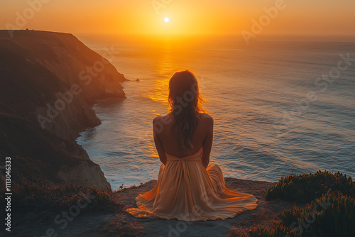 Serene Sunset: Woman Contemplating Ocean View from Coastal Clifftop