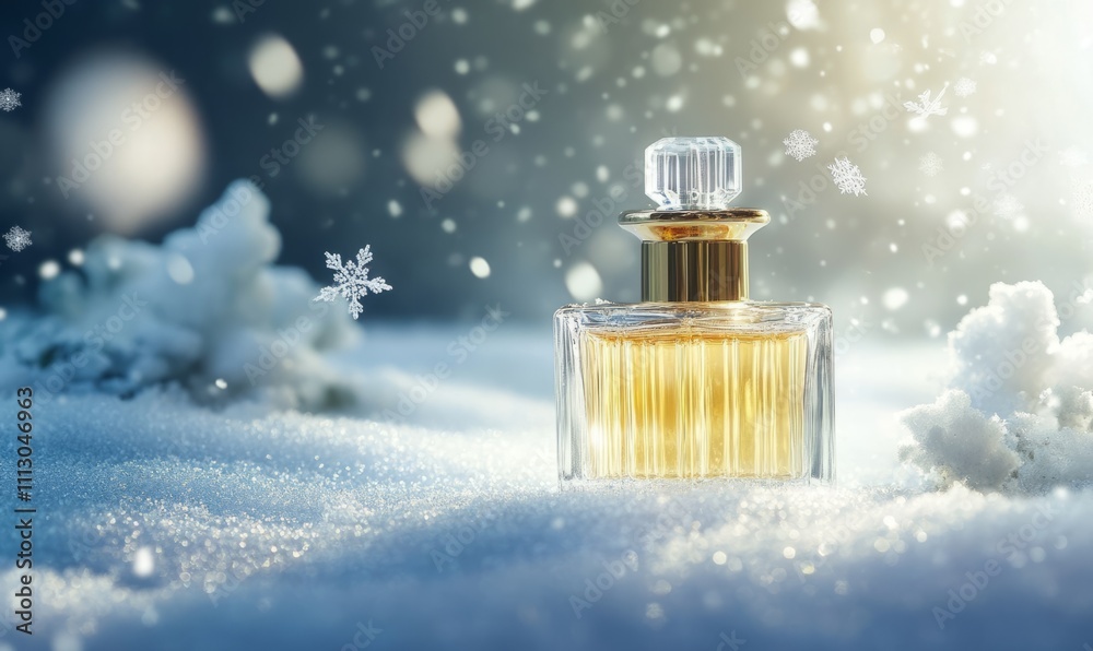 A luxurious perfume bottle placed on a snowy surface, with snowflakes gently falling around it. A luxurious perfume bottle placed on a snowy surface, with snowflakes gently falling around it.