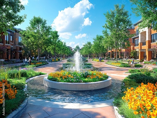 A vibrant, well-maintained courtyard with a fountain, lush greenery, colorful flowers, and traditional or Spanish-style buildings The clear blue sky suggests a sunny day, while people scattered thro photo