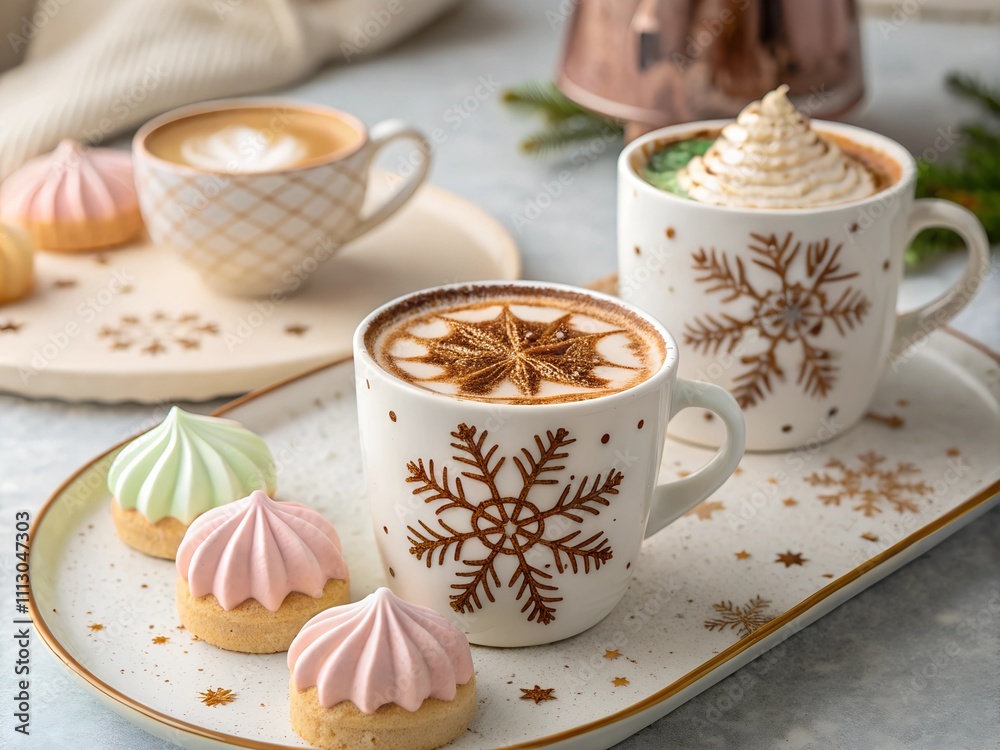 Close up of coffee table with latte cups decorated with christmas cinnamon patterns and pastel colored desserts Close up of coffee table with latte cups decorated with christmas cinnamon patterns and pastel colored desserts