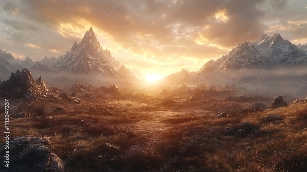 Obraz premium Majestic Mountain Range Sunset Golden Hour Landscape