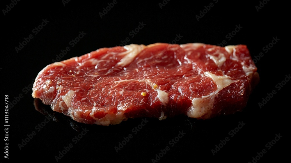 A raw piece of meat displayed on a reflective surface against a black background. A raw piece of meat displayed on a reflective surface against a black background.