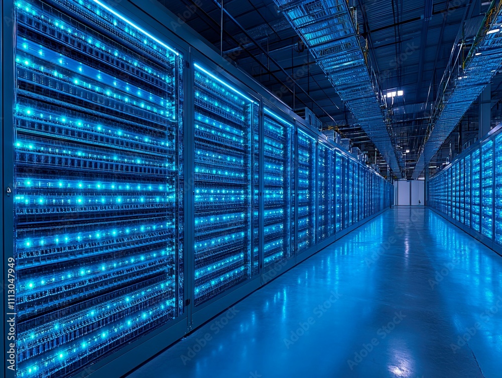 Fototapeta premium A large-scale data center with numerous server racks, horizontally running cables, and non-reflective flooring