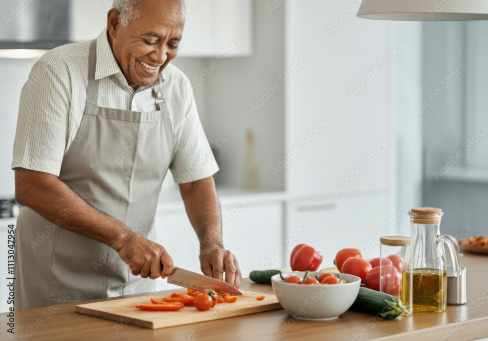 Happy retired man preparing a healthy meal with fresh vegetables in a modern kitchen Happy retired man preparing a healthy meal with fresh vegetables in a modern kitchen