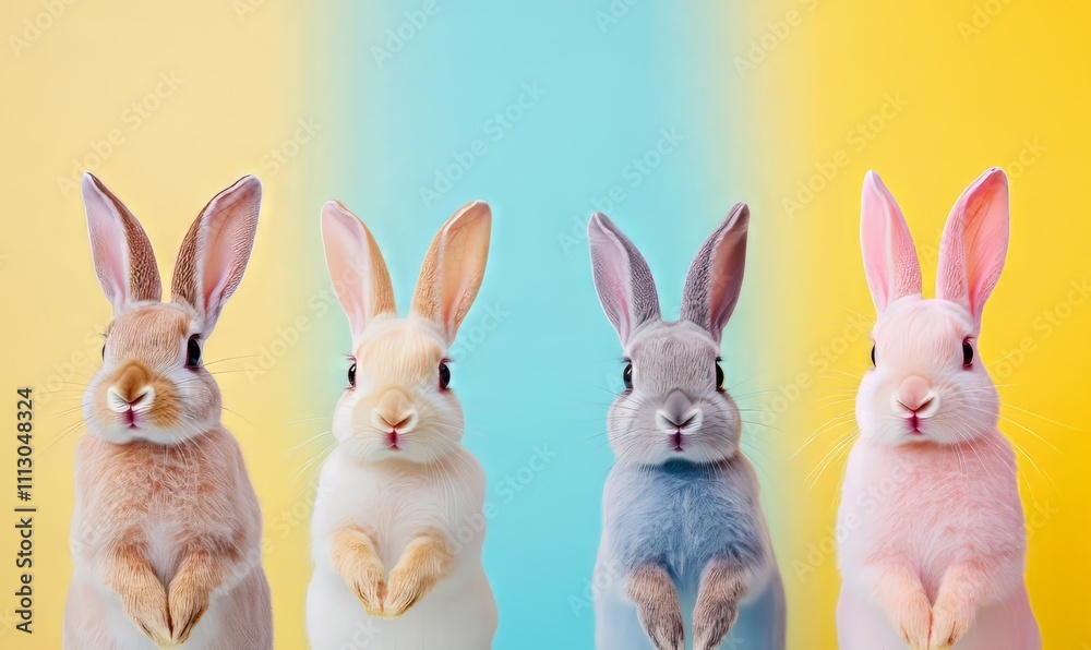 A delightful image featuring four rabbits lined up against colorful backgrounds in shades of yellow, blue, and pink. Each rabbit has a unique expression, adding to the charm A delightful image featuring four rabbits lined up against colorful backgrounds in shades of yellow, blue, and pink. Each rabbit has a unique expression, adding to the charm