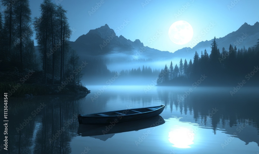 A solitary boat floats on a calm lake under the light of a full moon, surrounded by misty mountains and dense forest. The tranquil night scene is reflected in the still water, creating a serene A solitary boat floats on a calm lake under the light of a full moon, surrounded by misty mountains and dense forest. The tranquil night scene is reflected in the still water, creating a serene