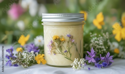 A detailed shot of a handpoured mason jar candle made with a blend of locally sourced beeswax and handpicked wildflowers providing a lovely natural scent and soft glow. photo