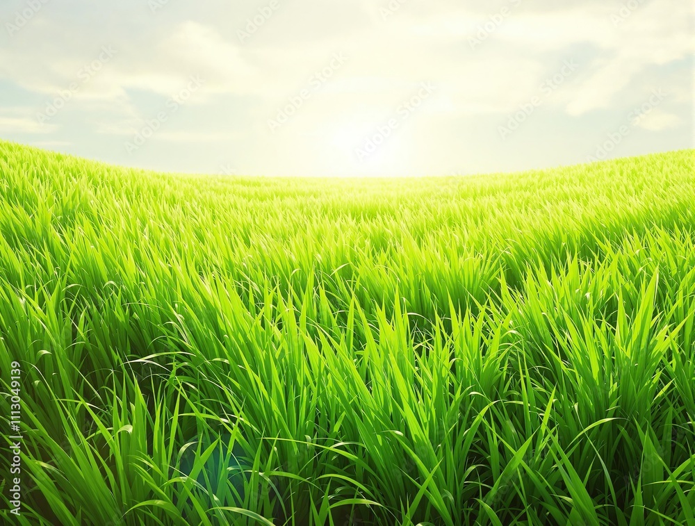 Obraz premium vibrant green blades of grass swaying in the wind, open space, , serene atmosphere