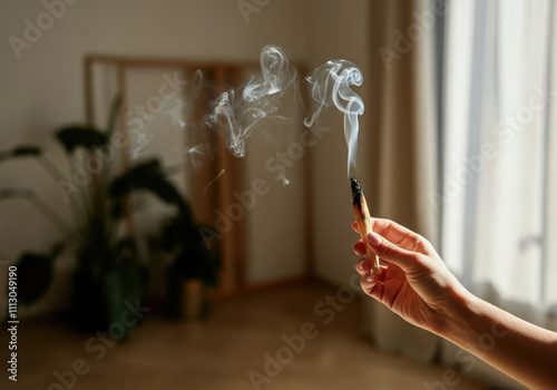 Hand holding a burning palo santo stick, creating fragrant smoke for spiritual cleansing and purification photo