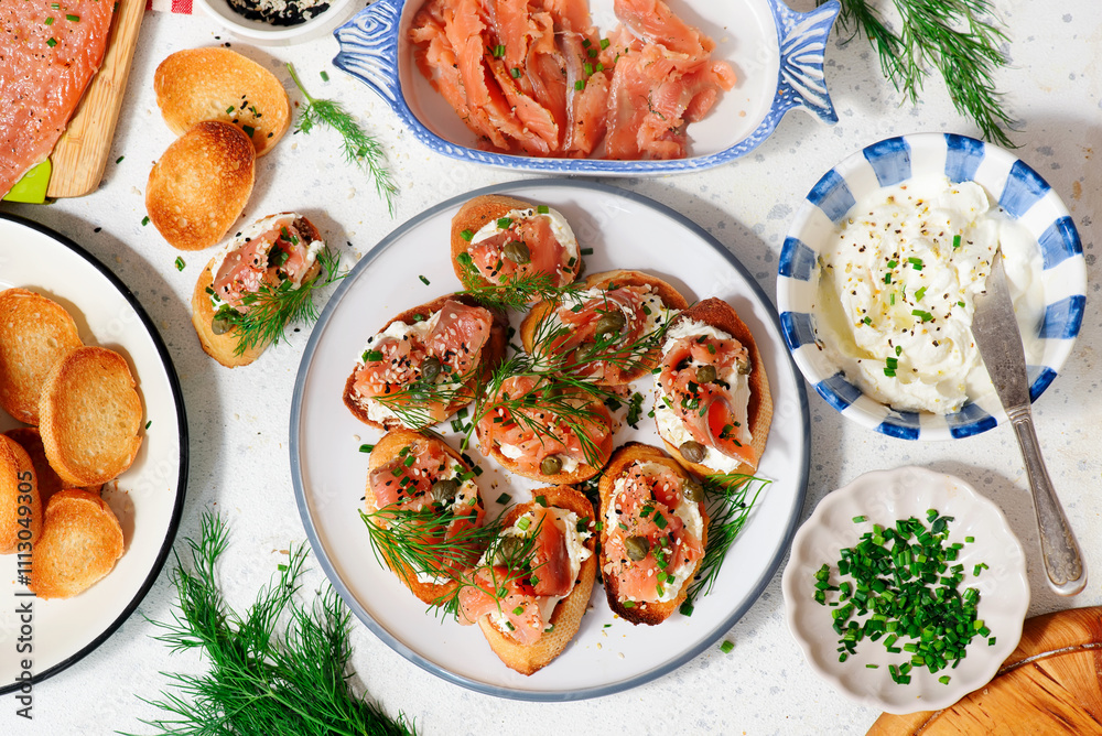 Baguette Crostini with Cream Cheese and Pink Pacific Salmon..style hugge Baguette Crostini with Cream Cheese and Pink Pacific Salmon..style hugge