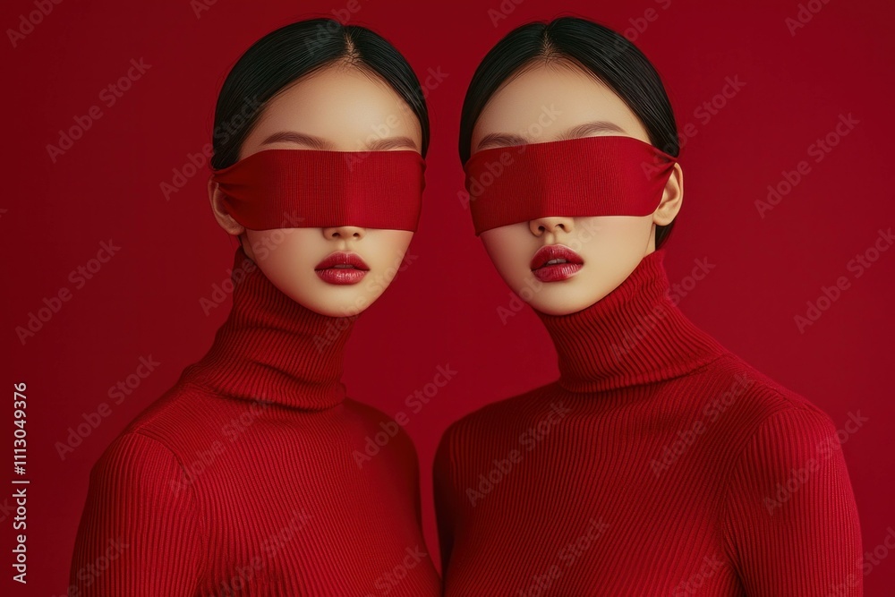Two Asian women in matching red turtlenecks with blindfolds, exuding mystery and elegance, set against a bold red background. Artistic and striking portrait. Two Asian women in matching red turtlenecks with blindfolds, exuding mystery and elegance, set against a bold red background. Artistic and striking portrait.