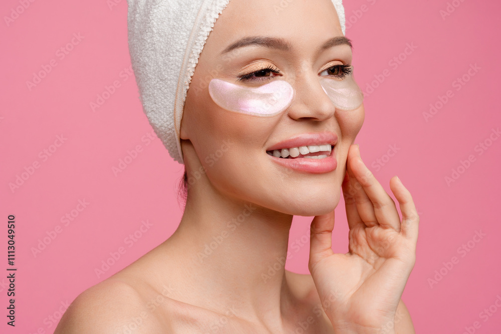 smiling h woman after shower on pink background with bath towel doing morning skincare routine using eye patches smiling h woman after shower on pink background with bath towel doing morning skincare routine using eye patches