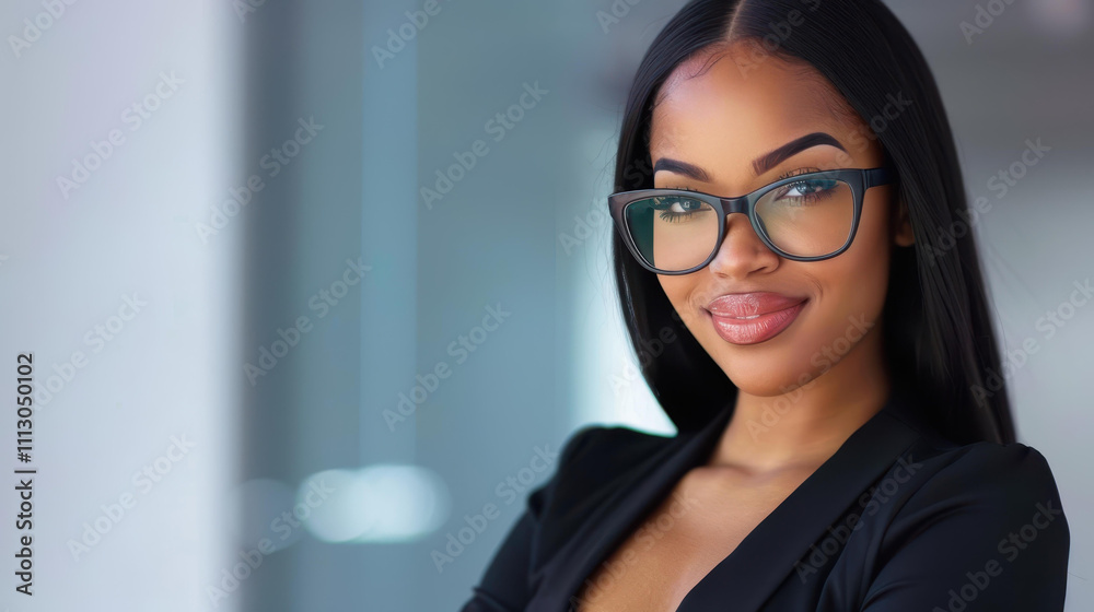 Confident woman in glasses at a desk, radiating positivity and professionalism in a dynamic office setting. Confident woman in glasses at a desk, radiating positivity and professionalism in a dynamic office setting.