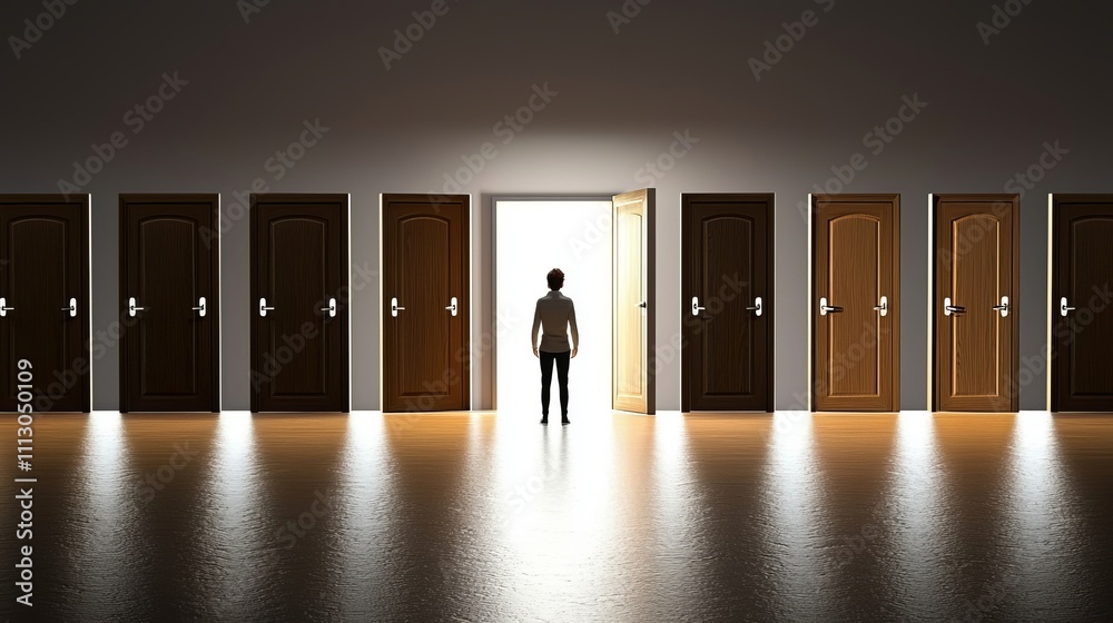A standing figure in front of multiple doors, contemplating the bright open door, symbolizing choice and opportunity. A standing figure in front of multiple doors, contemplating the bright open door, symbolizing choice and opportunity.