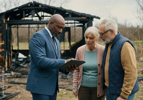 Insurance agent showing documents on tablet to senior couple in front of their burned house