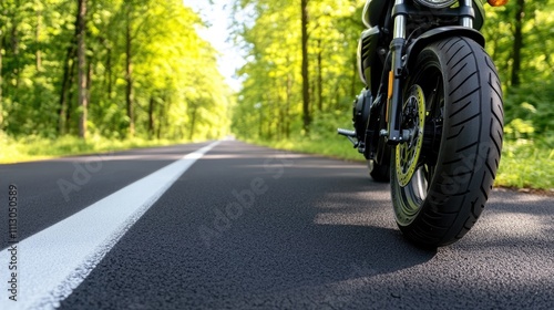 Black motorcycle front wheel rests on a cracked asphalt road, surrounded by vibrant green foliage under clear daylight