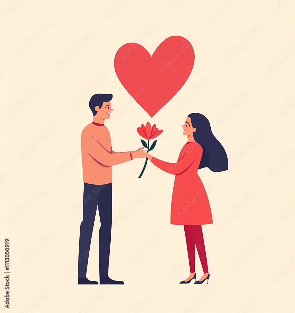 Vector flat illustration of a happy man giving a flower to his girlfriend on Valentine's Day, with a heart-shaped background Vector flat illustration of a happy man giving a flower to his girlfriend on Valentine's Day, with a heart-shaped background