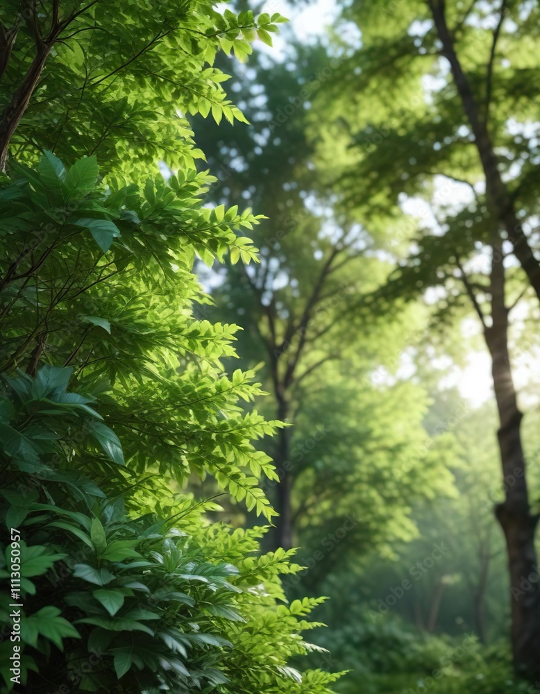 Lush green leaves against a blurred background of trees, nature, lush, forest Lush green leaves against a blurred background of trees, nature, lush, forest