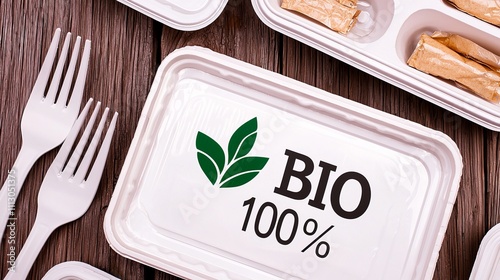 Eco-friendly packaging with 'BIO 100%' label on a wooden background, emphasizing sustainable choices. photo