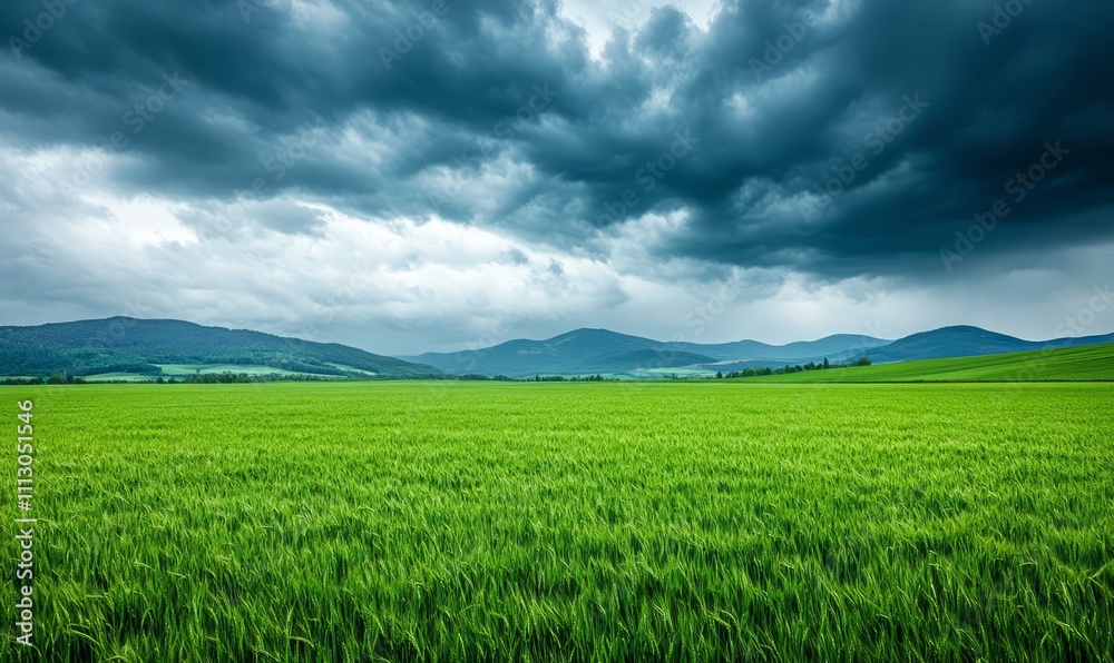 A vibrant green field stretches towards distant mountains under a dramatic stormy sky. A vibrant green field stretches towards distant mountains under a dramatic stormy sky.
