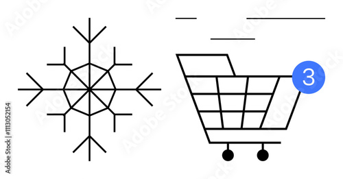 Icon of a snowflake beside a shopping cart with a notification bubble showing number three. Ideal for online shopping, e-commerce, winter sales, Christmas promotions, holiday shopping, digital