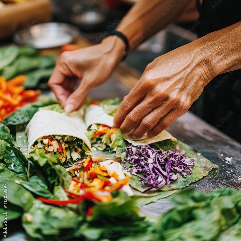 A close-up of hands preparing vibrant vegetable wraps, captured with a Zeiss Batis 18mm f/2.8 lens, highlighting textures and fresh ingredients in natural light, emphasizing healthy cooking. A close-up of hands preparing vibrant vegetable wraps, captured with a Zeiss Batis 18mm f/2.8 lens, highlighting textures and fresh ingredients in natural light, emphasizing healthy cooking.