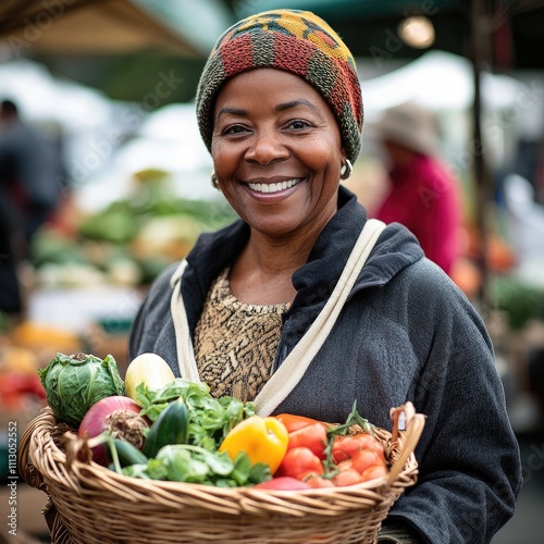 A joyful woman at a farmer's market, holding a basket of fresh vegetables, captured with a DSLR and 70mm lens, soft lighting. photo