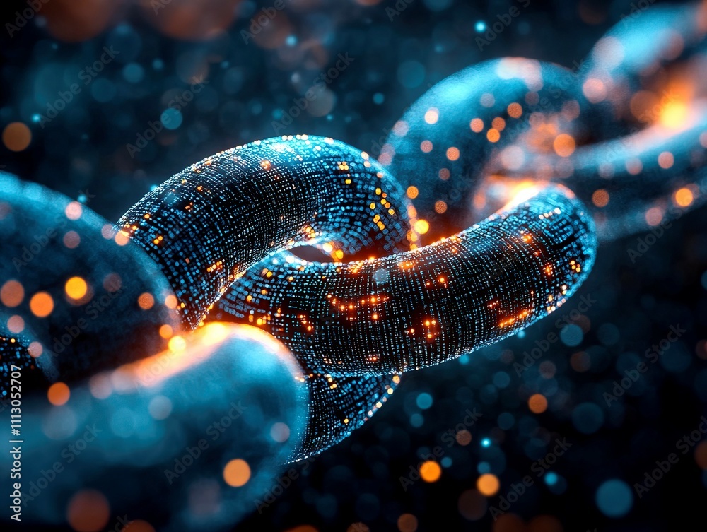 An image illustrates blockchain as a network of linked segments, resembling neurons or synapses, with glowing dots indicating energy data transfer Background depicts cosmic vastness