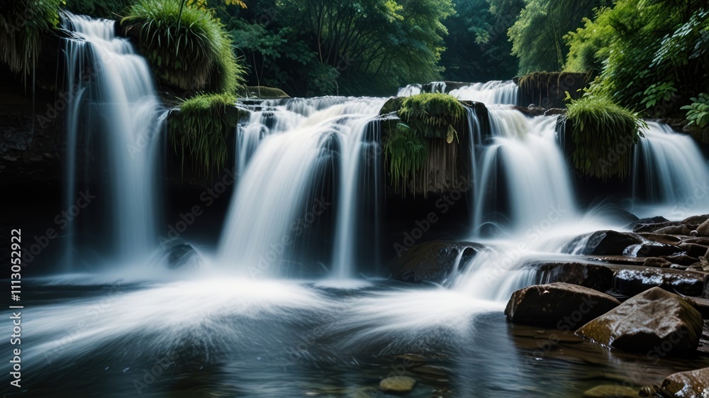 Fototapeta premium Cascading waterfalls in a lush green forest.