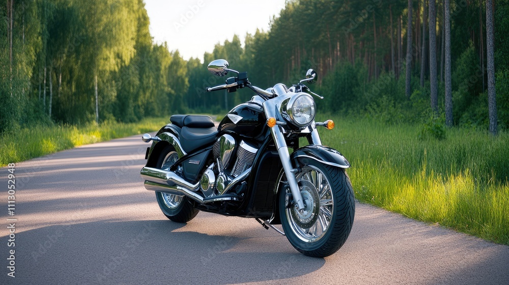 Close-up view of a black motorcycle's front wheel and headlight on a quiet asphalt road surrounded by lush green trees in soft light Close-up view of a black motorcycle's front wheel and headlight on a quiet asphalt road surrounded by lush green trees in soft light