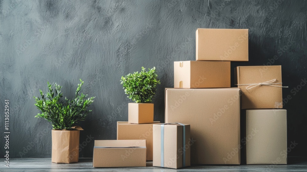 Cardboard boxes and plants on dark textured background Cardboard boxes and plants on dark textured background