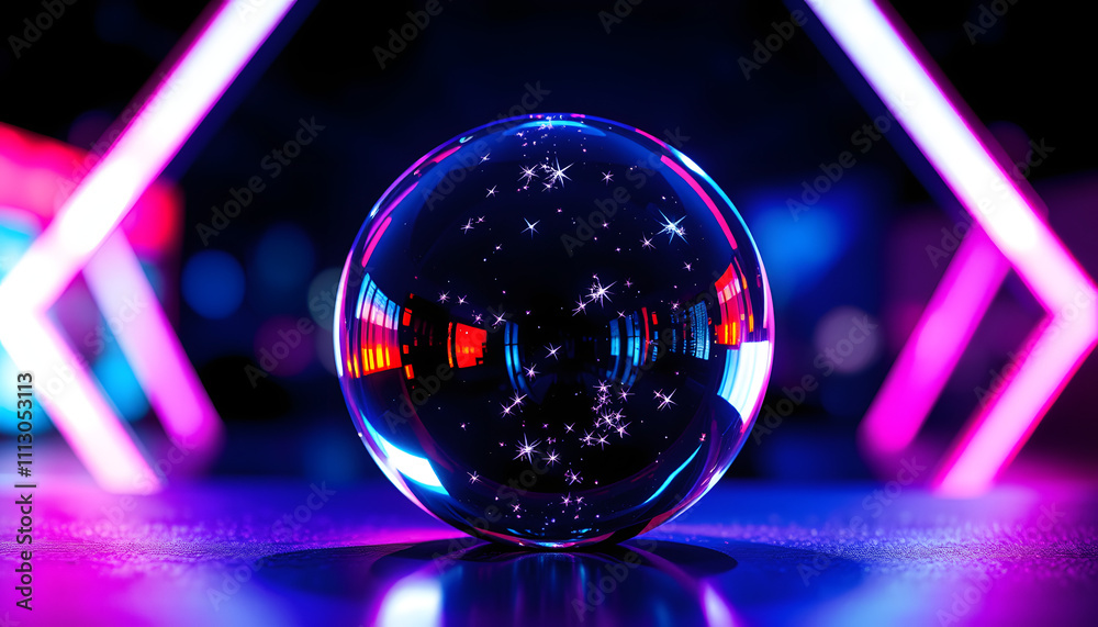 Glass ball, reflection of neon lights, rays, glare. Abstract neon background. The lights of the night city. Magic glass ball, sparkles isolated with white highlights, png Glass ball, reflection of neon lights, rays, glare. Abstract neon background. The lights of the night city. Magic glass ball, sparkles isolated with white highlights, png
