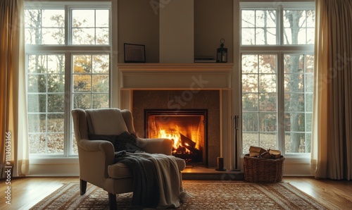 A lovely living room with a warmhearted atmosphere featuring a comfortable armchair in front of a crackling fireplace surrounded by tall windows glazed with sparkling photo