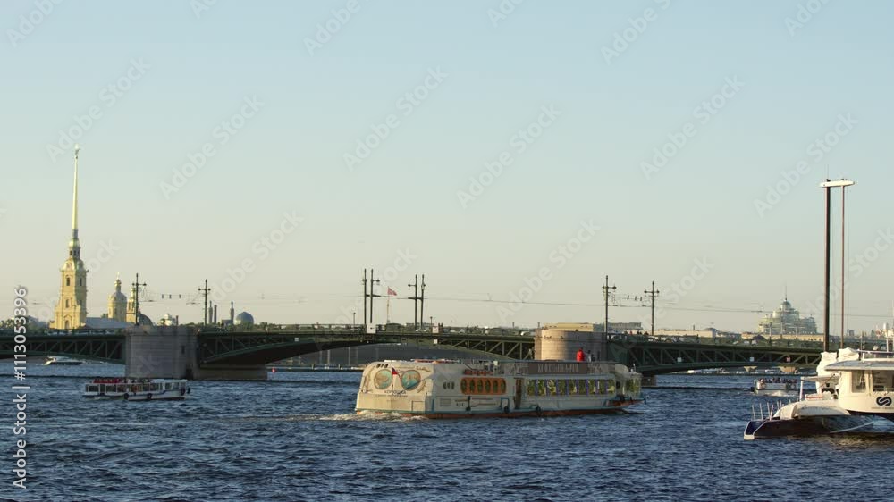 Boats Cruising on the Neva River in Russia Boats Cruising on the Neva River in Russia