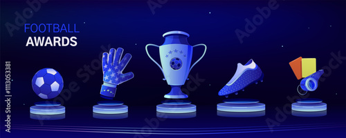 Set of football awards, individual and team trophies, achievements. Minimalistic style, high-quality models, vibrant color. Football cup, MVP of the match, referee whistle. Vector set of icons.
