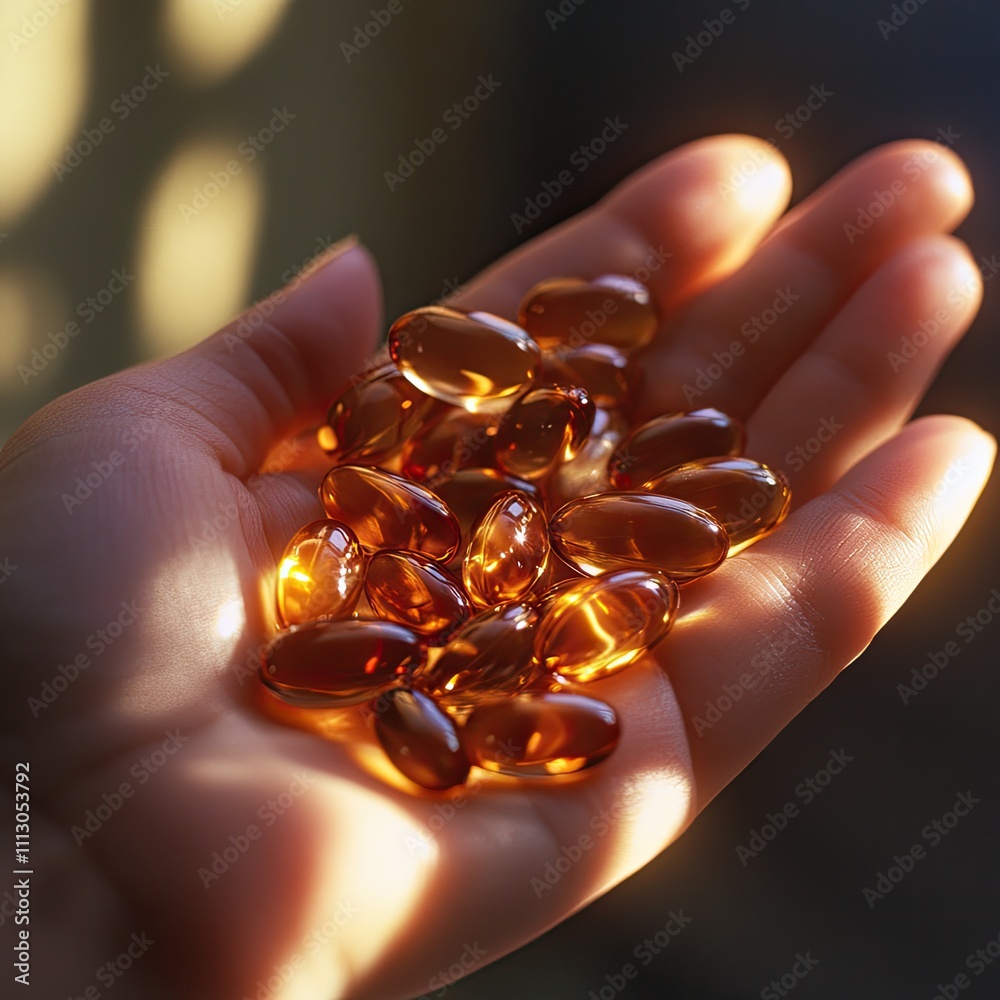 A macro shot of vitamins in an open hand, capturing soft reflections and vibrant colors under high key lighting. Photographed this image highlights wellness and healthy living.
