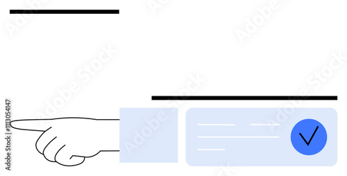 Hand pointing towards verification badge. Ideal for indicating authority, authentication, approval, direction, validation, user interfaces, and security. Line metaphor