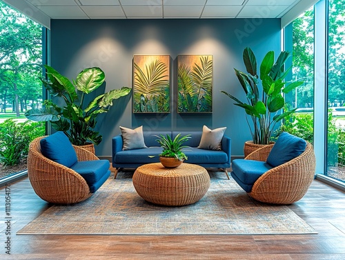 A symmetrical waiting area or reception room with blue armchairs, a sofa, woven coffee table, patterned rugs, framed paintings with tropical themes, potted plants, natural light through windows, and photo