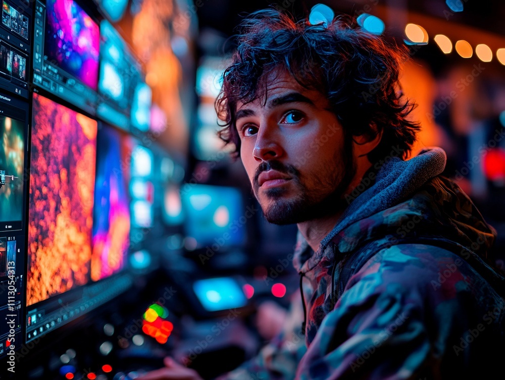 A man, dressed casually in a camouflage jacket and with a beard, is intently focused on a control panel displaying various colors and images within an interior space with dim lighting A man, dressed casually in a camouflage jacket and with a beard, is intently focused on a control panel displaying various colors and images within an interior space with dim lighting