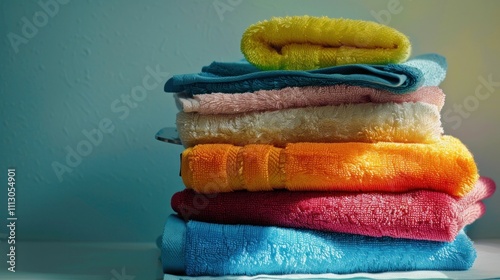 Colorful stacked towels in a modern bathroom setting, featuring vibrant hues of blue, pink, orange, and yellow against a soft, soothing background Perfect for home decor photo