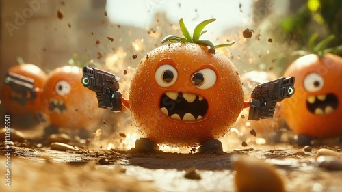 A cartoonish scene featuring angry oranges wielding guns in a playful, action-packed setting. photo