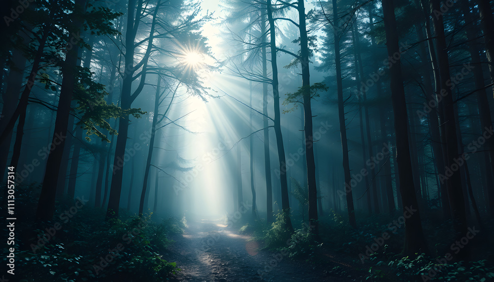 Naklejka premium The beam of light in the path of the magic forest isolated with white highlights, png