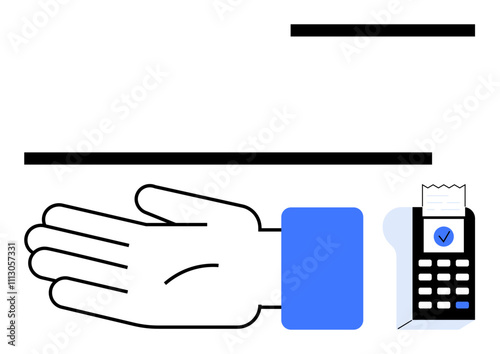 Outstretched hand awaiting receipt from modern payment terminal with checkmark and paper slip. Ideal for finance, business, cashless transactions, payments, technology, commerce, simplicity. Line
