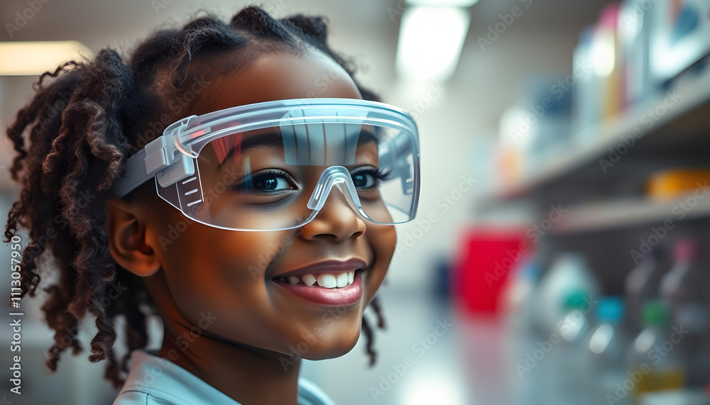 Portrait of smiling african american elementary schoolgirl wearing protective eyewear in laboratory isolated with white highlights, png Portrait of smiling african american elementary schoolgirl wearing protective eyewear in laboratory isolated with white highlights, png