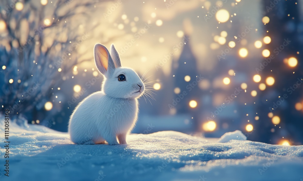 A white rabbit stands on snow under a night sky with glowing lights in the background.
