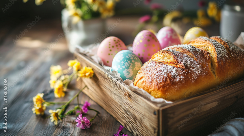 Decorated Easter eggs in vibrant patterns paired with a loaf of bread in a rustic wooden tray surrounded by flowers
Decorated Easter eggs in vibrant patterns paired with a loaf of bread in a rustic wooden tray surrounded by flowers
