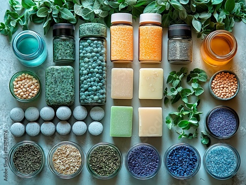 Image displays a collection of personal care items, likely natural or organic, arranged on a countertop It includes jars with vibrant substances essential oils or extracts, herbs botanicals, bar s photo